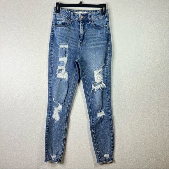 Tinseltown Womens Distressed Jeans Hi Rise Denim Medium Wash Stretch Blue Size 3 - Picture 1 of 7